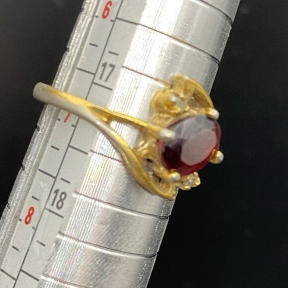 Garnet Ring Tested Diamond Accent Vintage Yellow Gold Plated Size 7 LOOK READ - Picture 9 of 10
